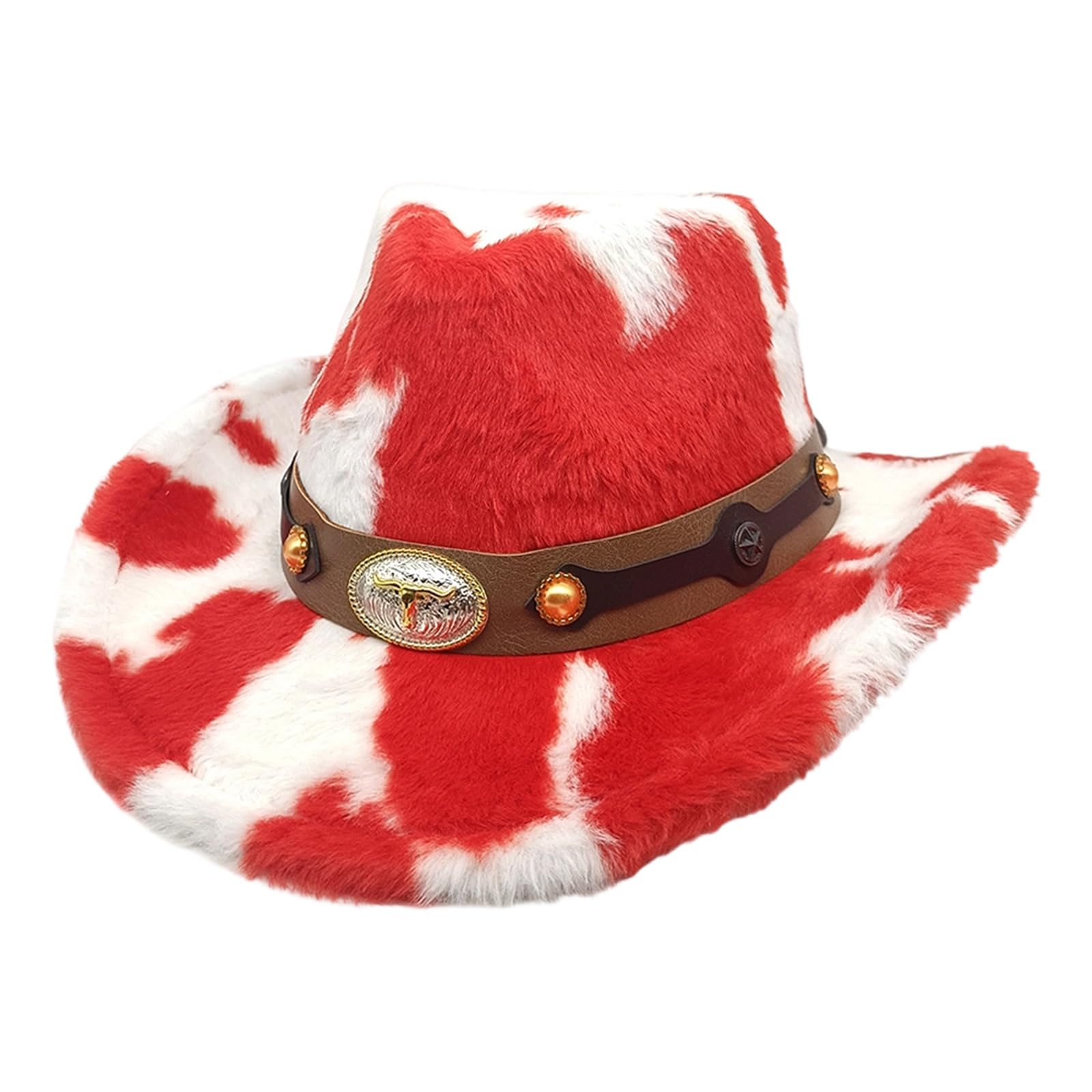 MICFENY Winter Plush Panama Hats with Cow Pattern Designs for Women Men Unisex Cold Weather Wide Brims Western Cap Party Props