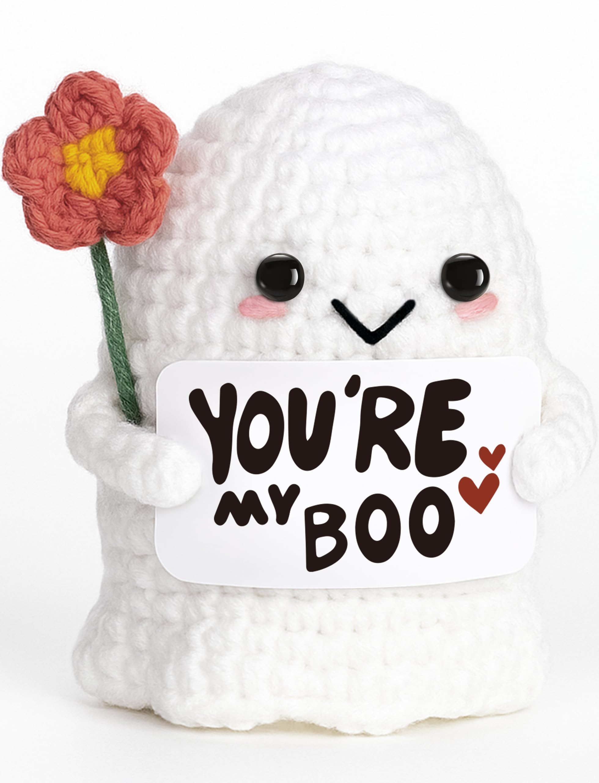Crochet Ghost with "You're My Boo" Message, Cute Knitted Ornament with Flower, Romantic Gift for Valentine Anniversary Halloween Christmas for Loved Ones (White Ghost Boo)