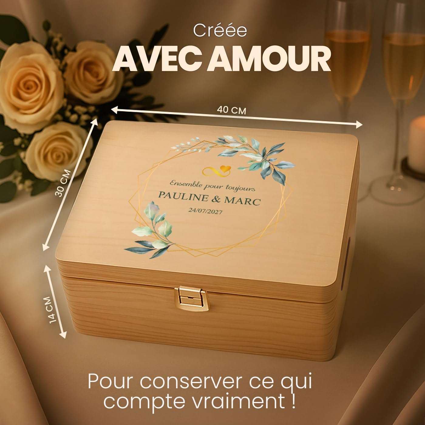 Maverton Boite a Souvenir Personnalisable - Cadeau Personnalisé pour couple - L/XL Boite de Rangement avec Couvercle en Bois de Pin Naturel - Cadeau Noel - Cadeau Mariage Anniversaire Amoureux