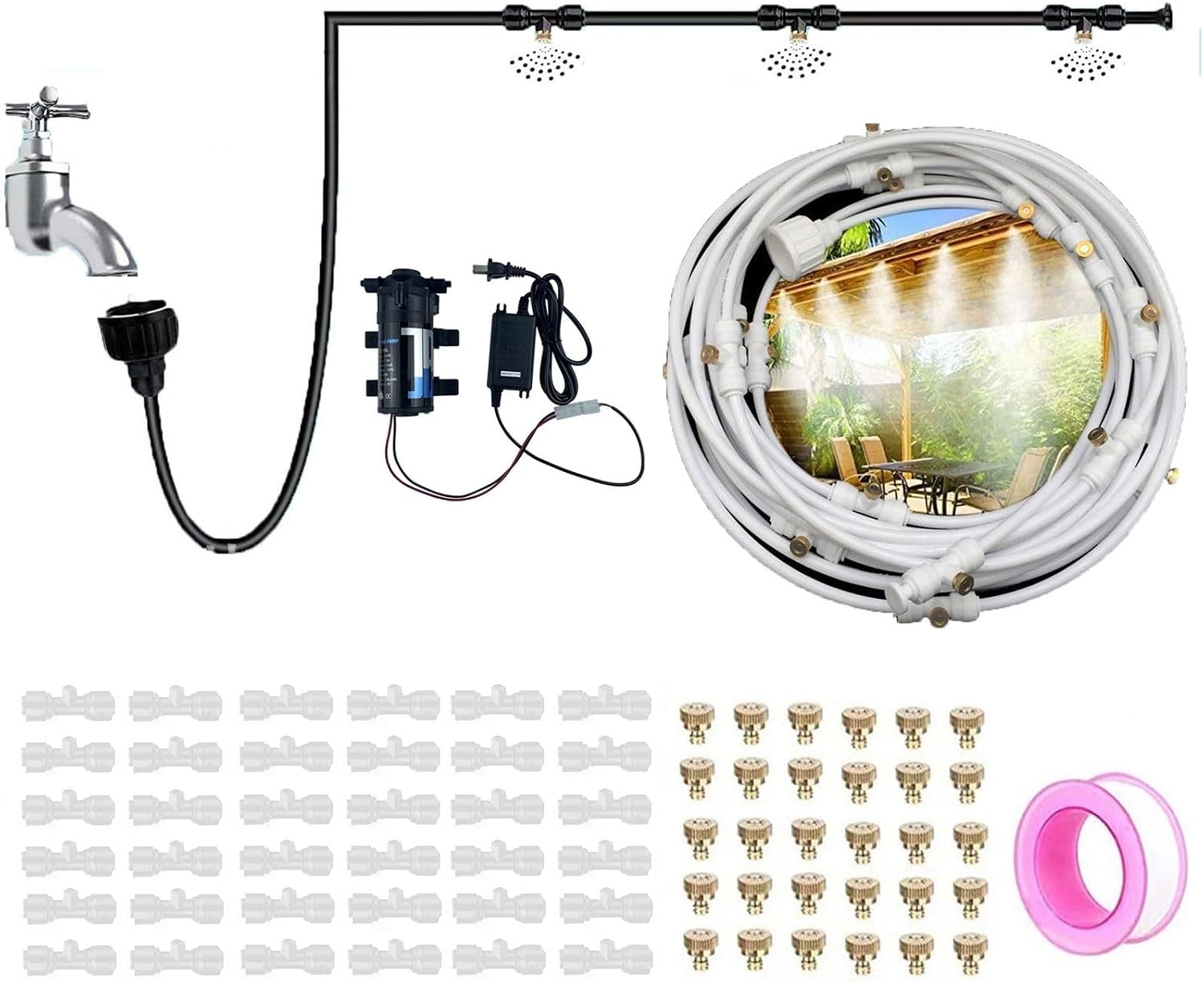 GQQGSHOP Outdoor Misting System with Brass Fog Nozzles, Micro Drip Irrigation Kit, Misting Cooling System, Patio Mister, Garden Irrigation System Kit(12M(39.3ft))