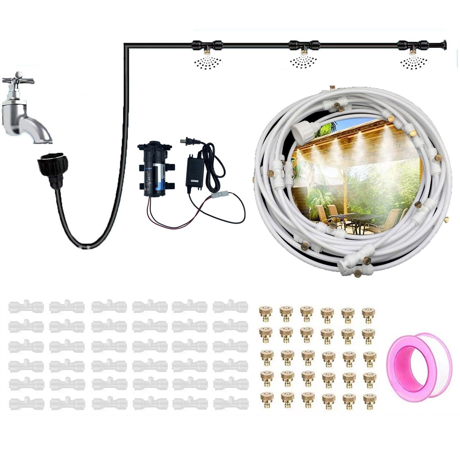 GQQGSHOP Indywidualny system chłodzenia mgły zewnętrznej, zestaw systemu nawadniania ogrodu, urządzenia do nawadniania roślin, system chłodzenia mgły z mosiężnymi dyszami przeciwmgielnymi