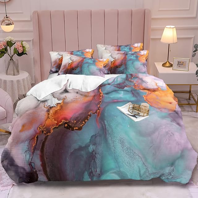 Marble Duvet Cover Set Double Size Liquid Marble Duvet Cover Microfiber Duvet Cover with Hidden Zipper for Kids Adult Teen (200x200cm, Teal)