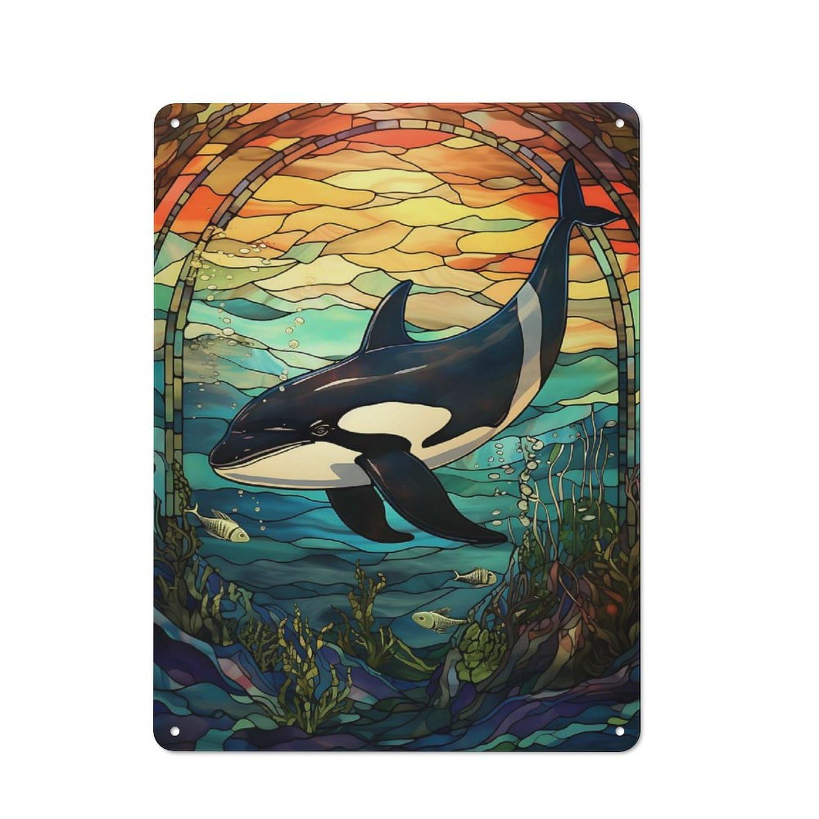 Junmoney Killer Whale Stained Glass Tin Wall Sign 40X30cm, Country Style Bistro Wall Plaque For Coffee Bar, Kitchen, Bistro Or Tea Corner