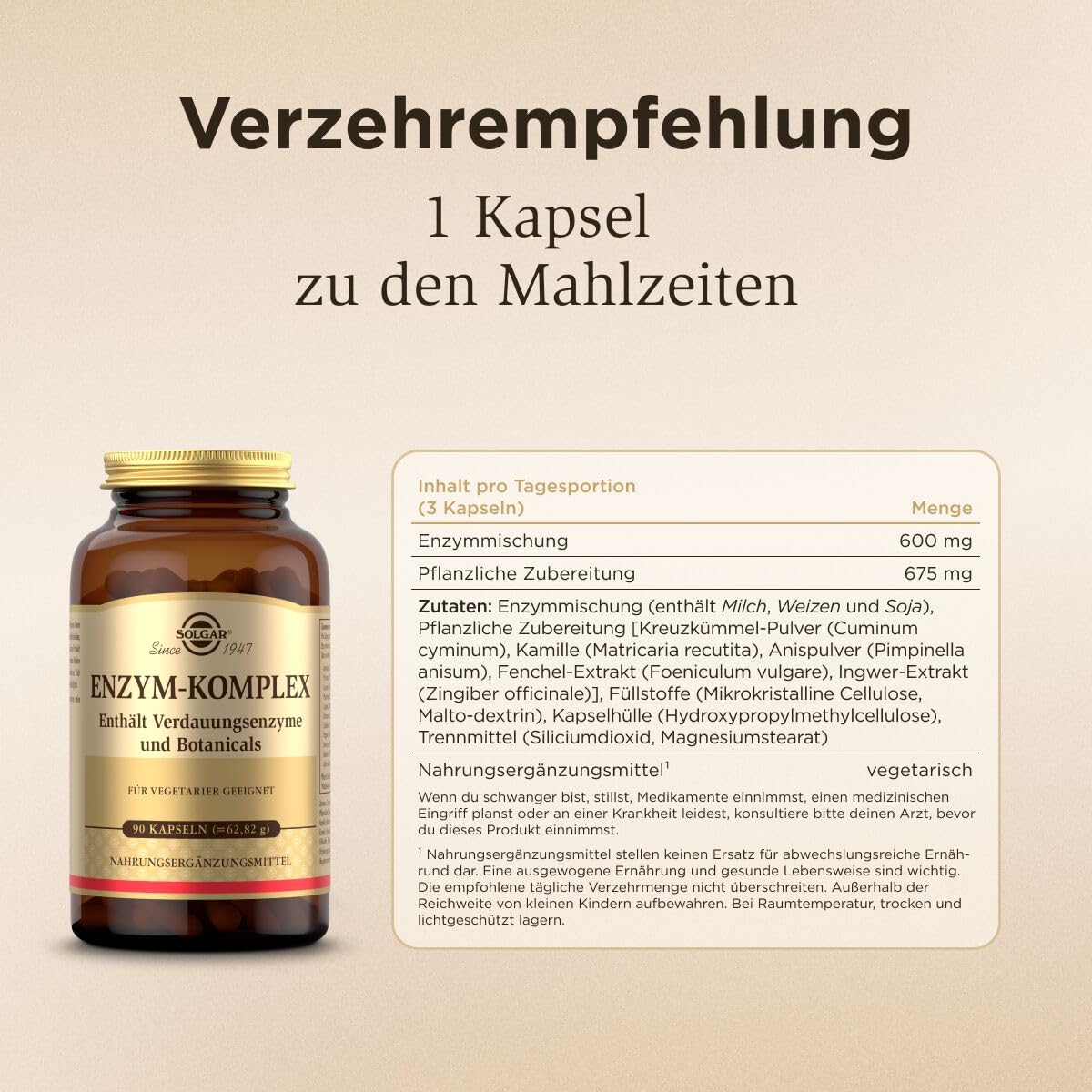 Solgar Enzym-Komplex | Natürliche Verdauungsenzyme | Unterstützung der Verdauung durch Botanicals | Für das allgemeine Wohlbefinden | Gutes Bauchgefühl | 90 Kapseln