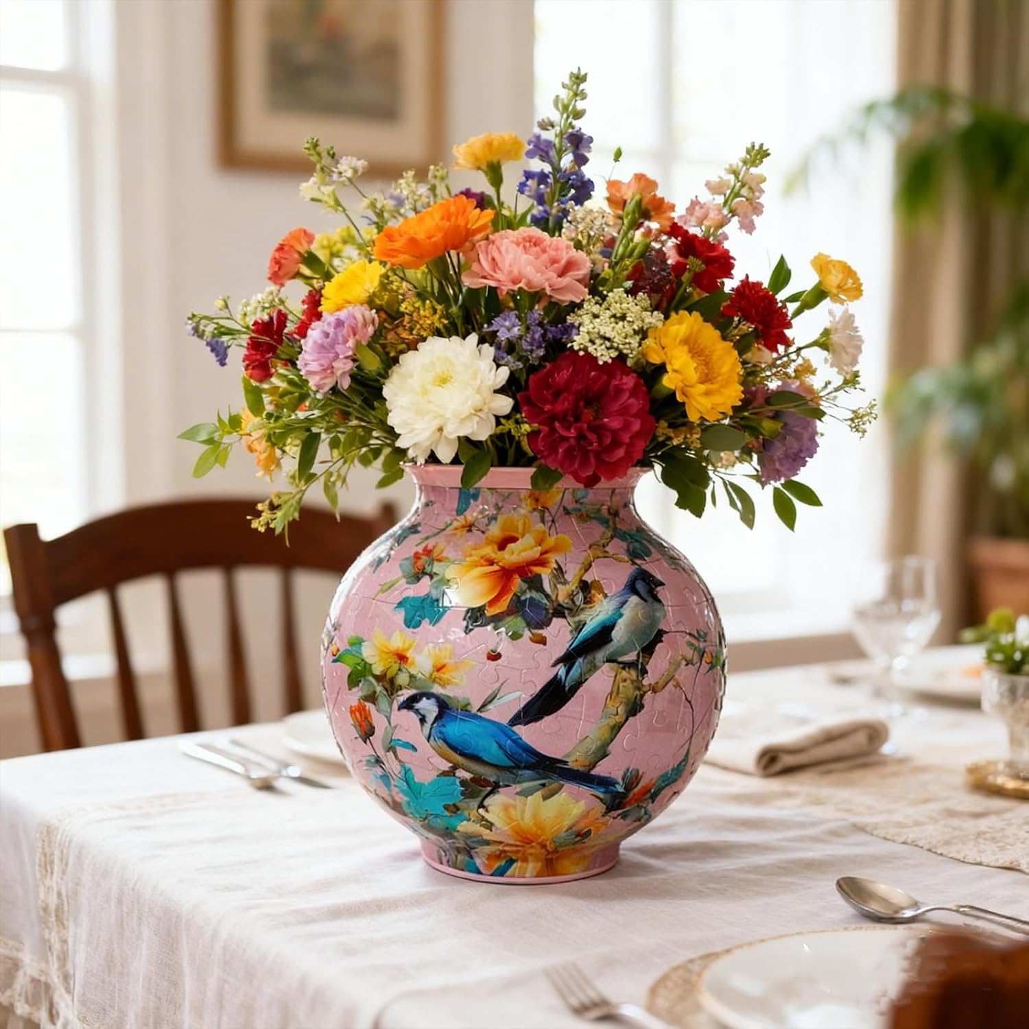 3D Puzzles for Adults Round Vase,Creative Puzzle Vase Pink Floral Birds DIY Decorative Vase Gifts for Home Decor Mother's Day Birthday