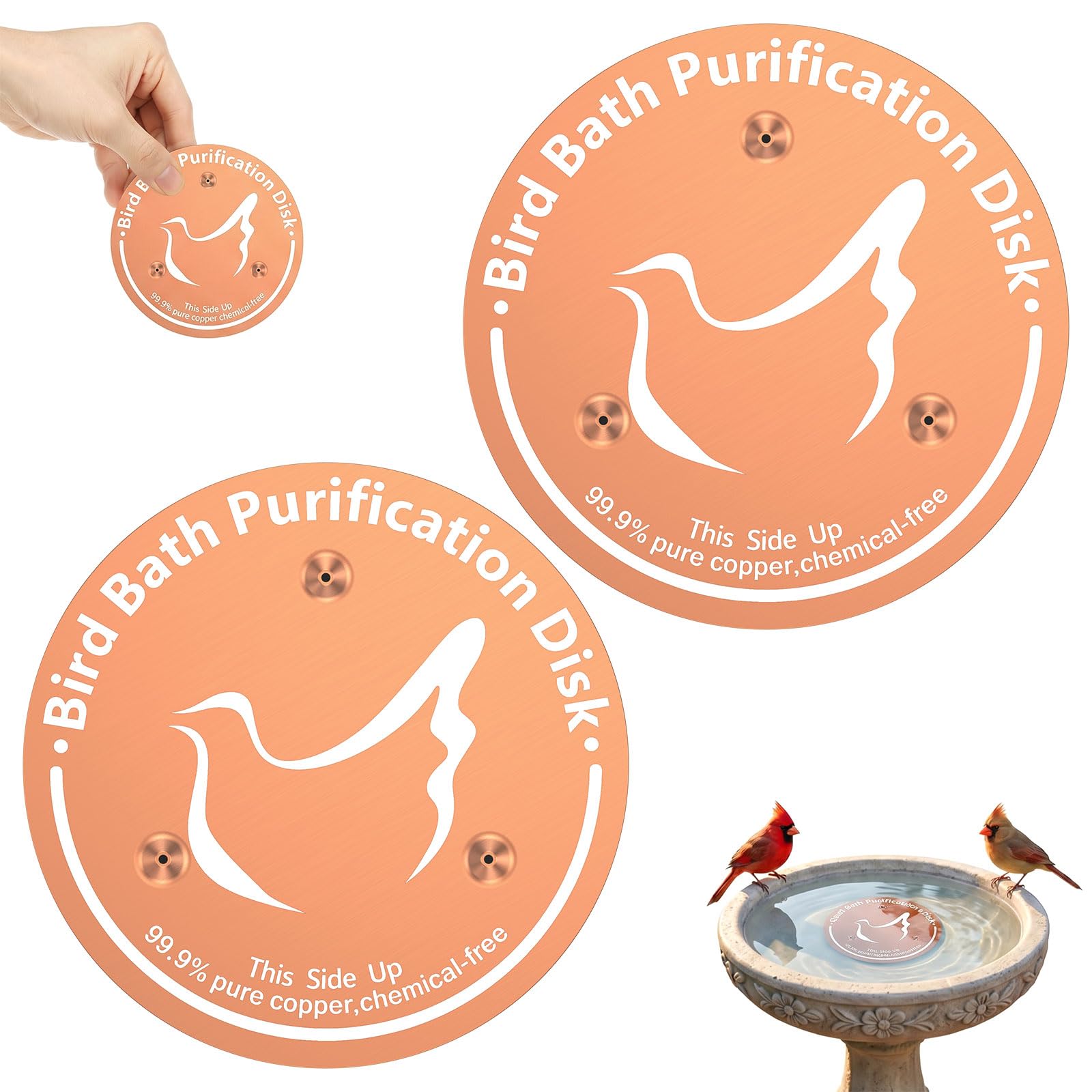 2Pcs Bird Bath Copper Disk,99.9% Pure Copper Birdbath Purification Disk 0.8mm Thick Outdoor Birds Disc with 3-Point Support Self Cleaning Design for Keeps Water All-Season Cleaning Fresh(Style 1-2PCS)