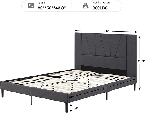 Miniatura 2 de Flolinda Base de cama de tamaño matrimonial con cabecero marco de cama tapizado de terciopelo base de colchón de metal resistente con listones de