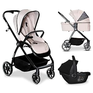 Asalvo RODAS Trío Convertible, 3 en 1, Silla de Paseo, Carrito de bebé, Silla de Auto, Confortable, Segura, Capota extensible, Suspensión en las Ruedas, Freno trasero, Carga Máxima 23 kg, Beige