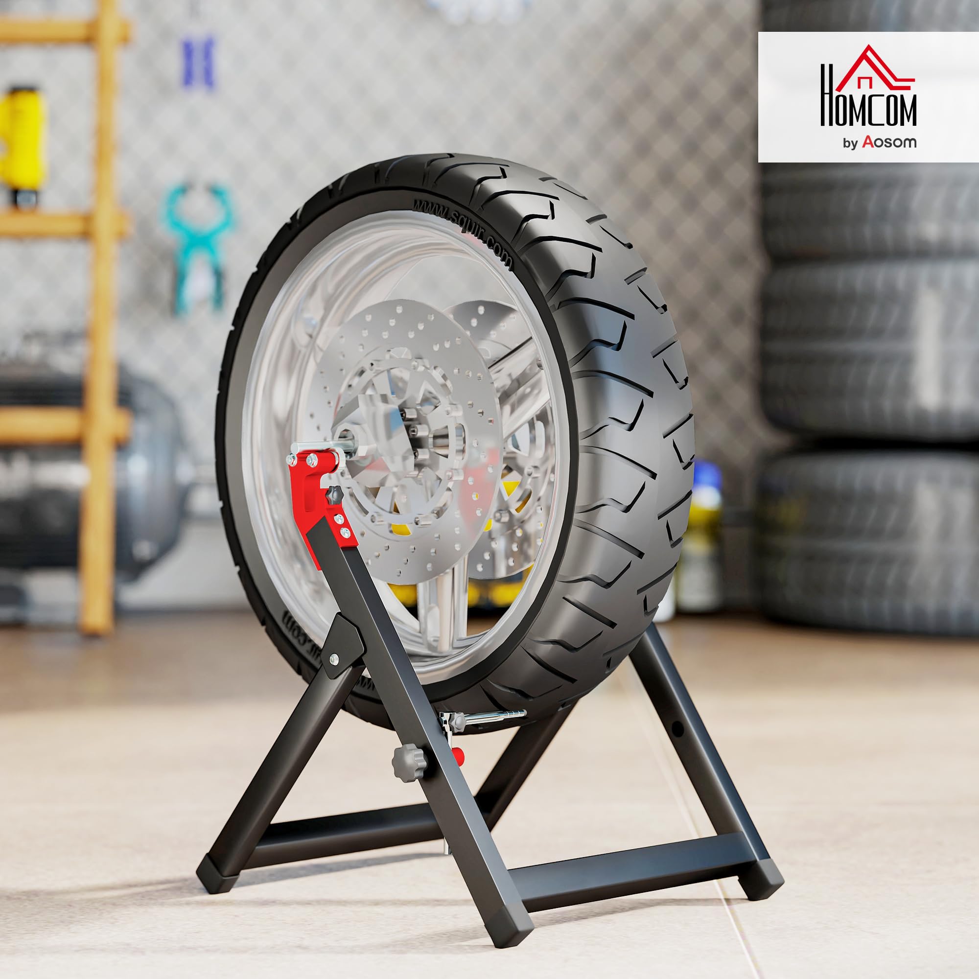 HOMCOM Bilanciatore manuale di ruote moto alluminio e acciaio bilanciamento danni ruote pieghevole con chiave a raggi, compatibile fino a 21 pollici, nero