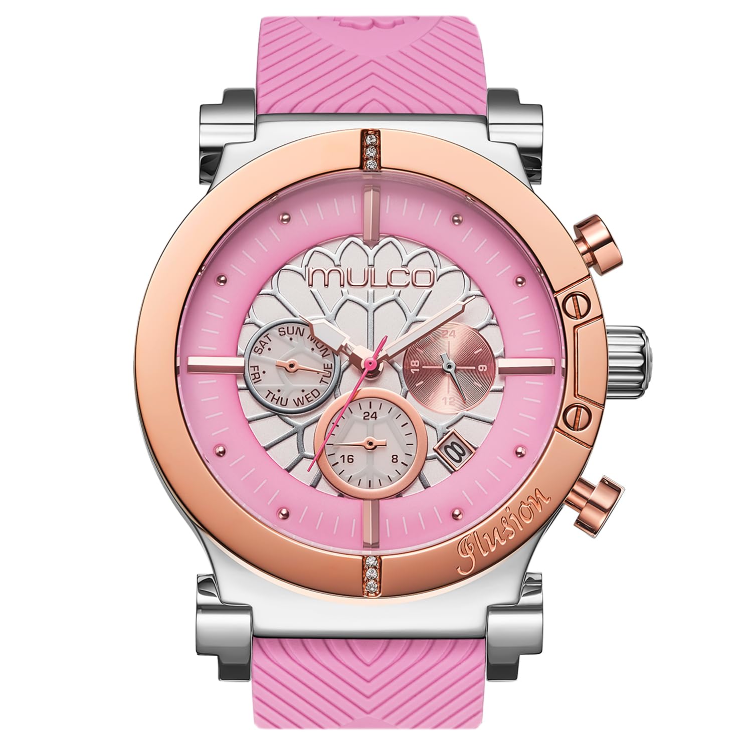 MULCO Dream Catcher - Reloj de mujer - Caja de acero inoxidable de 46 mm, movimiento analógico de cuarzo Miyota JP25, resistente al agua hasta 10 ATM, correa de silicona, multifunción, batería SR621SW