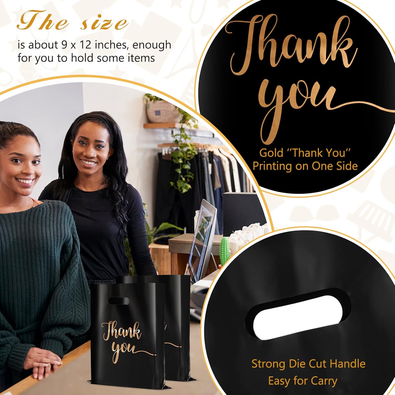 Sabary 200 Pcs 9" x 12" Thank You Merchandise Bags Retail Shopping Small Reusable Plastic Bags with Die Cut Handles Bulk for Business Party Store Boutique Gift Goodie