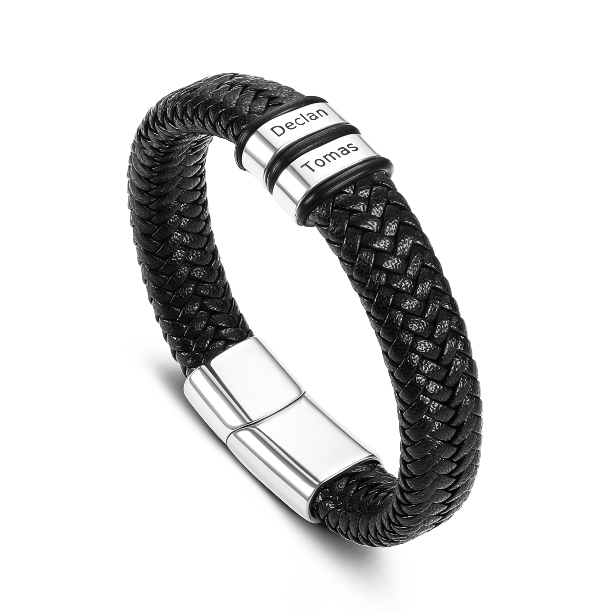 JewenovaPersonalized Bracelet for Men with Name Custom Leather Bracelet for Men Engraved 2-5 Name Beads Braid Leather Bracelet Personalized Fathers Day Gift