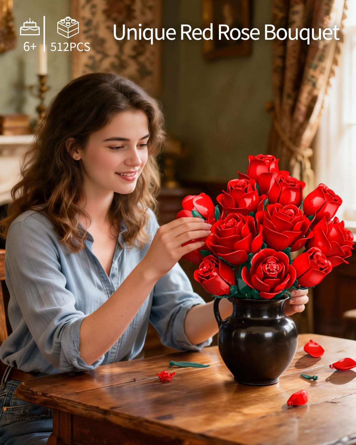 TYCOLE Red Rose Bouquet Building Set, 12 Artificial Roses Flower Building Blocks for Adult Women, Botanical Collection Home Decor Romantic Gift for Mother's Day Valentine for Adults Girls (512 PCS)