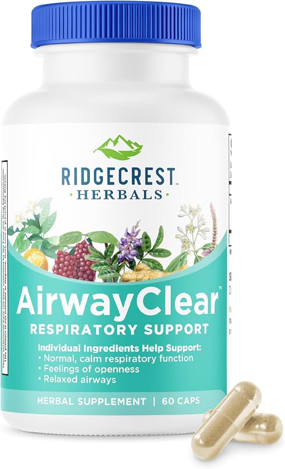 Ridgecrest Herbals AirwayClear, Lung Health and Breathing Support Supplements with Schisandra Fruit, Cassia Bark and Ginger Root, Sinus, Mucus Support, Gluten Free (60 Vegan Caps, 30 Serv)