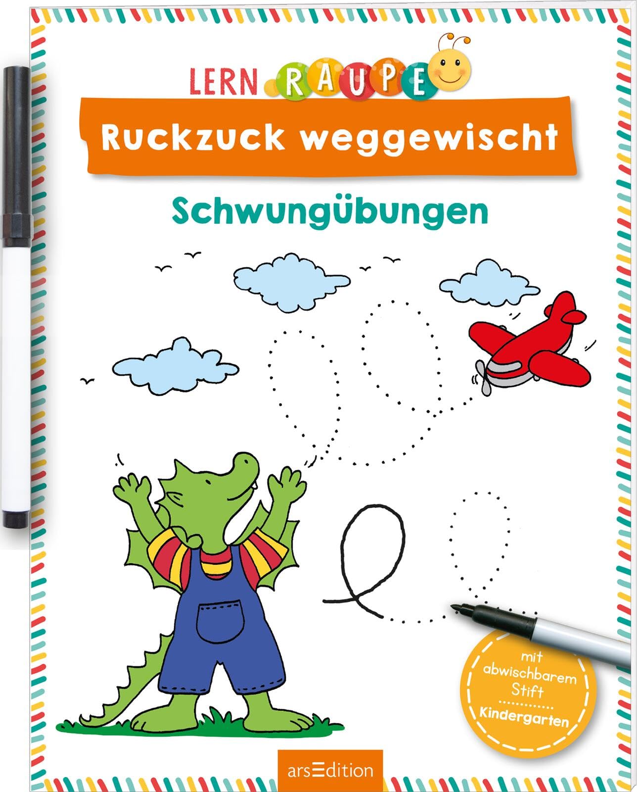 Lernraupe – Ruckzuck weggewischt! Schwungübungen: Mit abwischbarem Stift | Lernheft mit Rätseln zum Immer-wieder-Machen | ab 3 Jahren