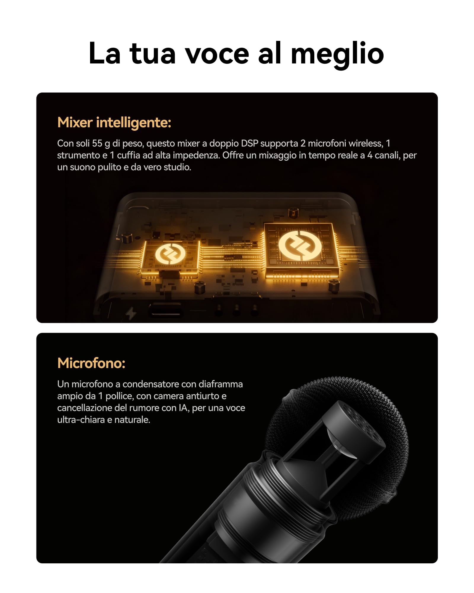 Hollyland MELO P1 Solo: Sistema Microfono Wireless All-in-One con Mixer Audio, Cancellazione Rumore AI, Oltre 100 Preset & 9 Effetti Studio per Registrazione Musicale, Podcast e Streaming