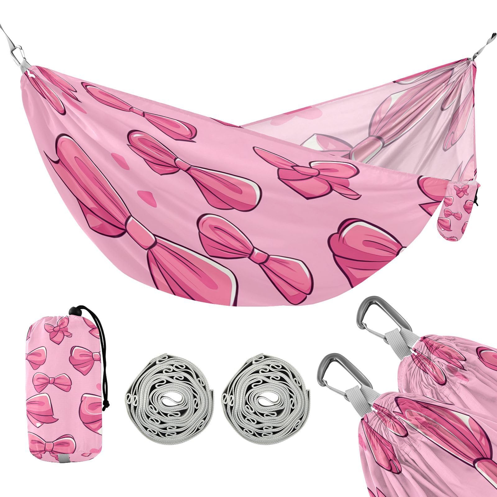 Haskirky Purple Bow Camping Hammock, Single Portable Hammocks with Tree Straps & Attached Carry Bag, 330Lbs Capacity Perfect for Outside Indoor Hiking Beach Backpack Travel