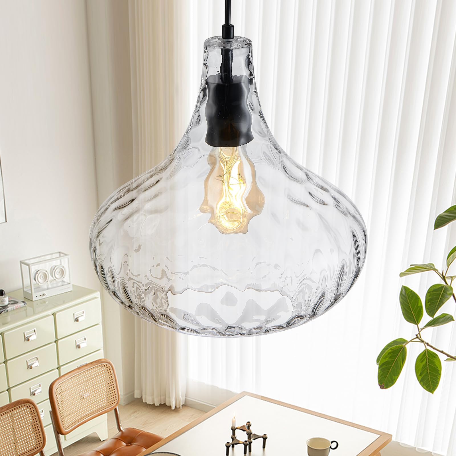 KOKAiZeeKi 11 Inch Kitchen Island Pendant Light – Blown Glass Hammered Shade & Black Finish – Modern Hanging Ceiling Light for Dining Room, Sink,