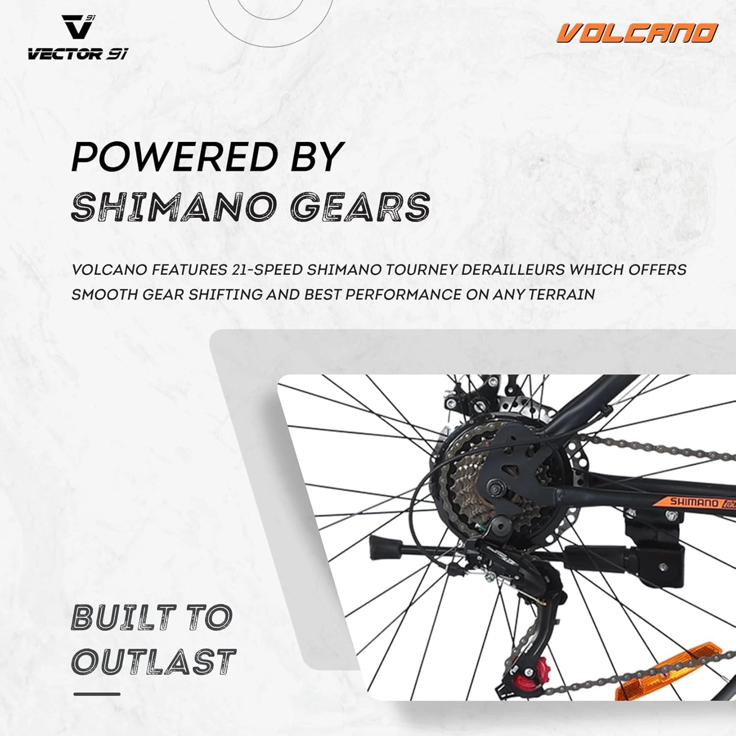 Close-up of the Shimano gear system on the rear wheel of the VECTOR 91 Volcano Mountain Bike.