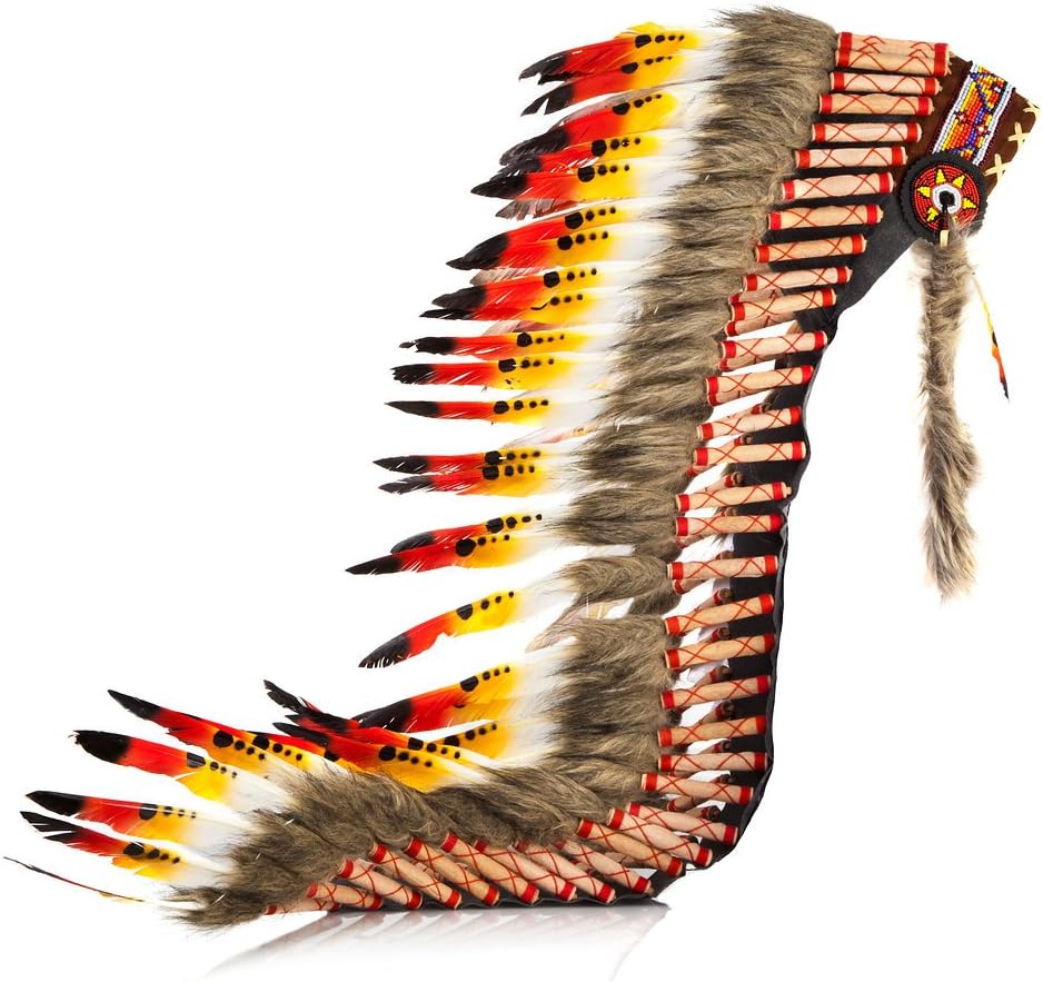 Handcrafted Native American Inspired Feather Headdress - Long - Orange, Red and Black