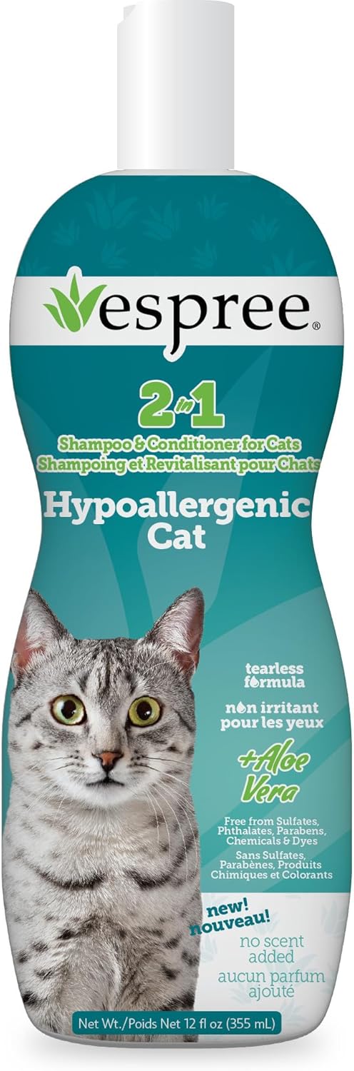Espree Hypoallergenic Cat Shampoo & Conditioner, Tearless Formula with Aloe Vera, Sulfate-Free, Paraben-Free, Harsh Chemical and Dye-Free, Safe for Sensitive Skin, 12oz