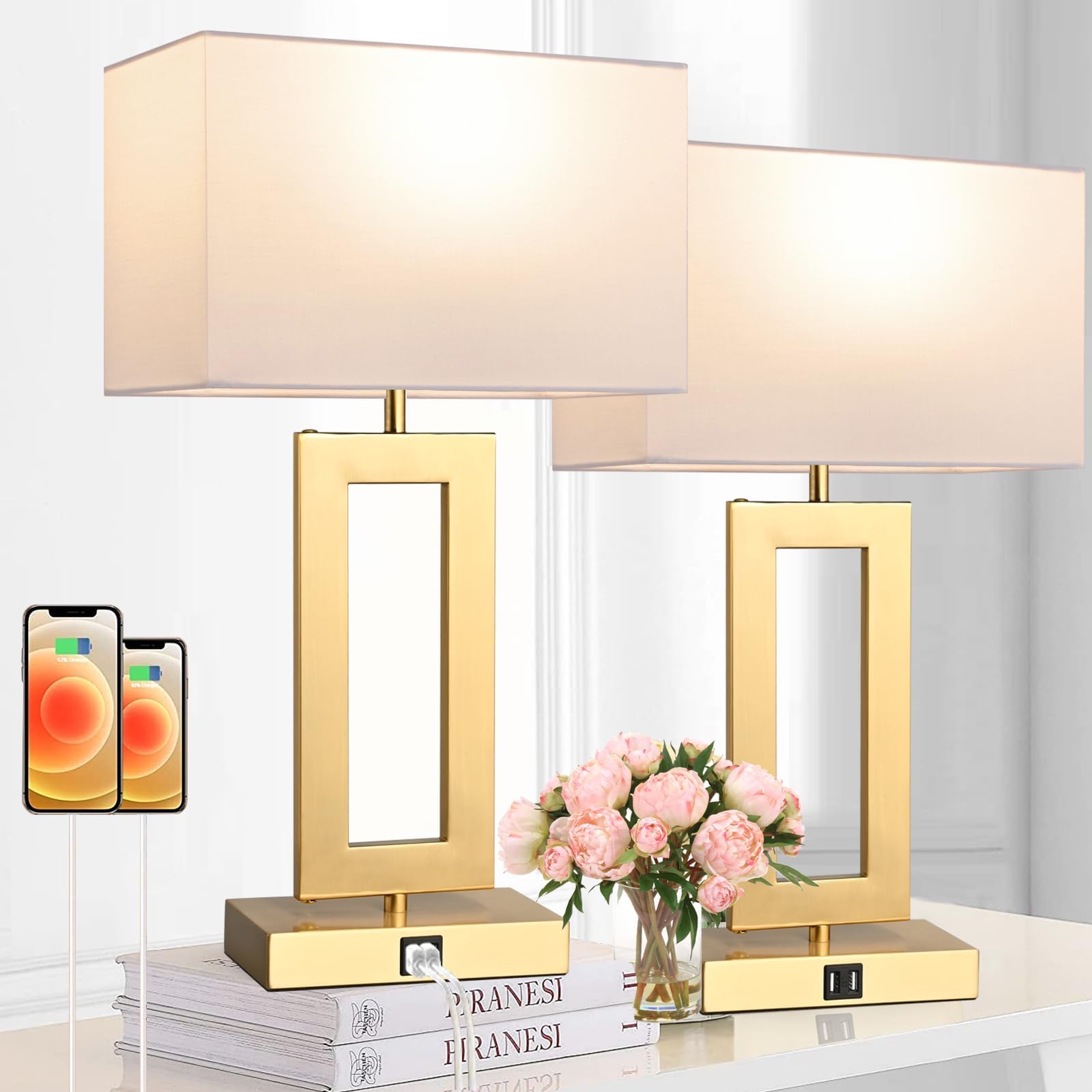 Touch Control Table Lamps Set of 2 with 2 USB Ports, 3-Way Dimmable Bedroom Bedside Table, Modern Gold and White Touch Lamps for Living Room End Table,