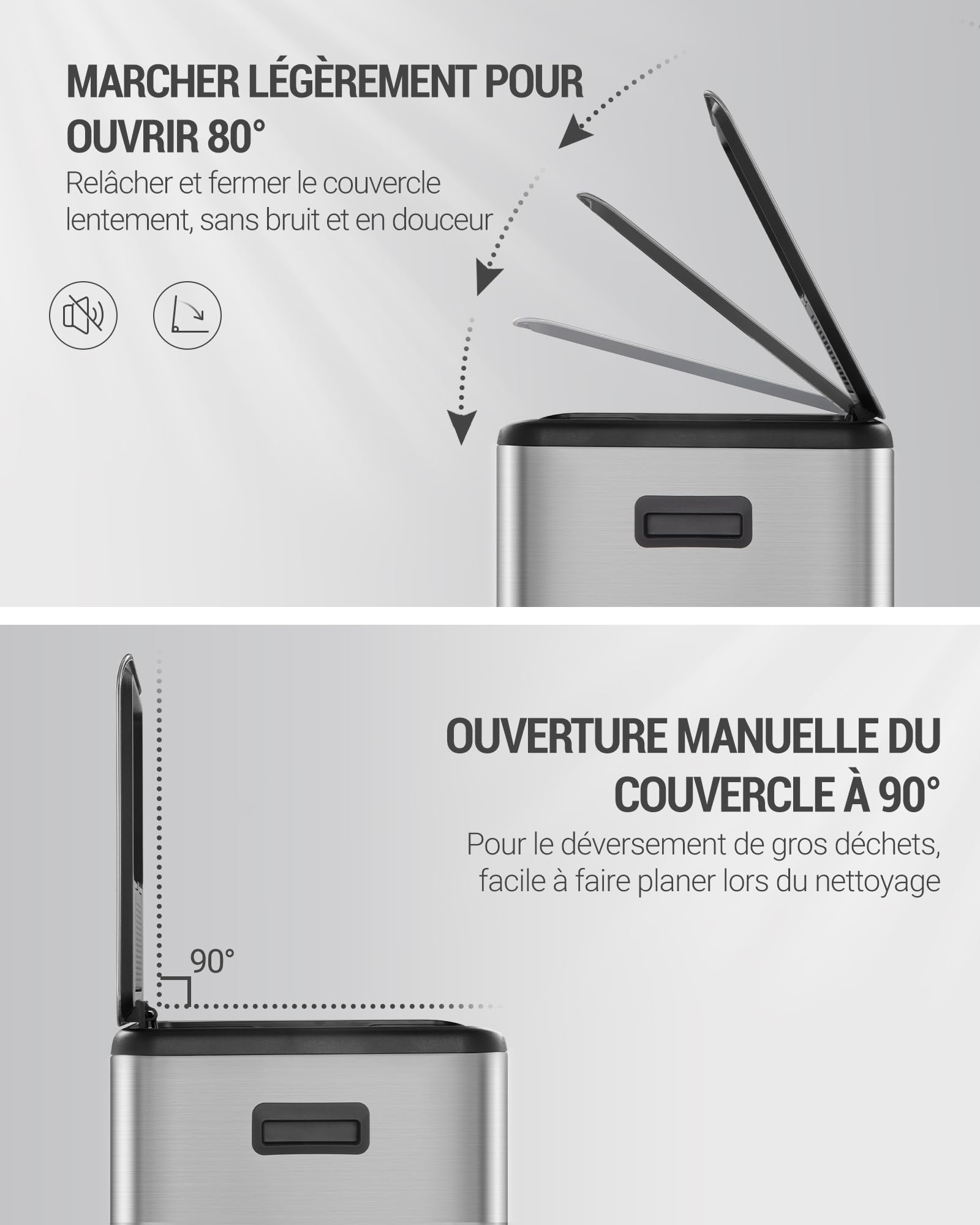 Hzuaneri Poubelle Cuisine, 60L (2 x 30 L), Poubelle Tri Selectif 2, Poubelles Tri avec Pédale Acier Inoxydable, Ilencieux et retombe lentement, avec 15 Sacs Poubelles, pour Cuisine, Argent SW06099E