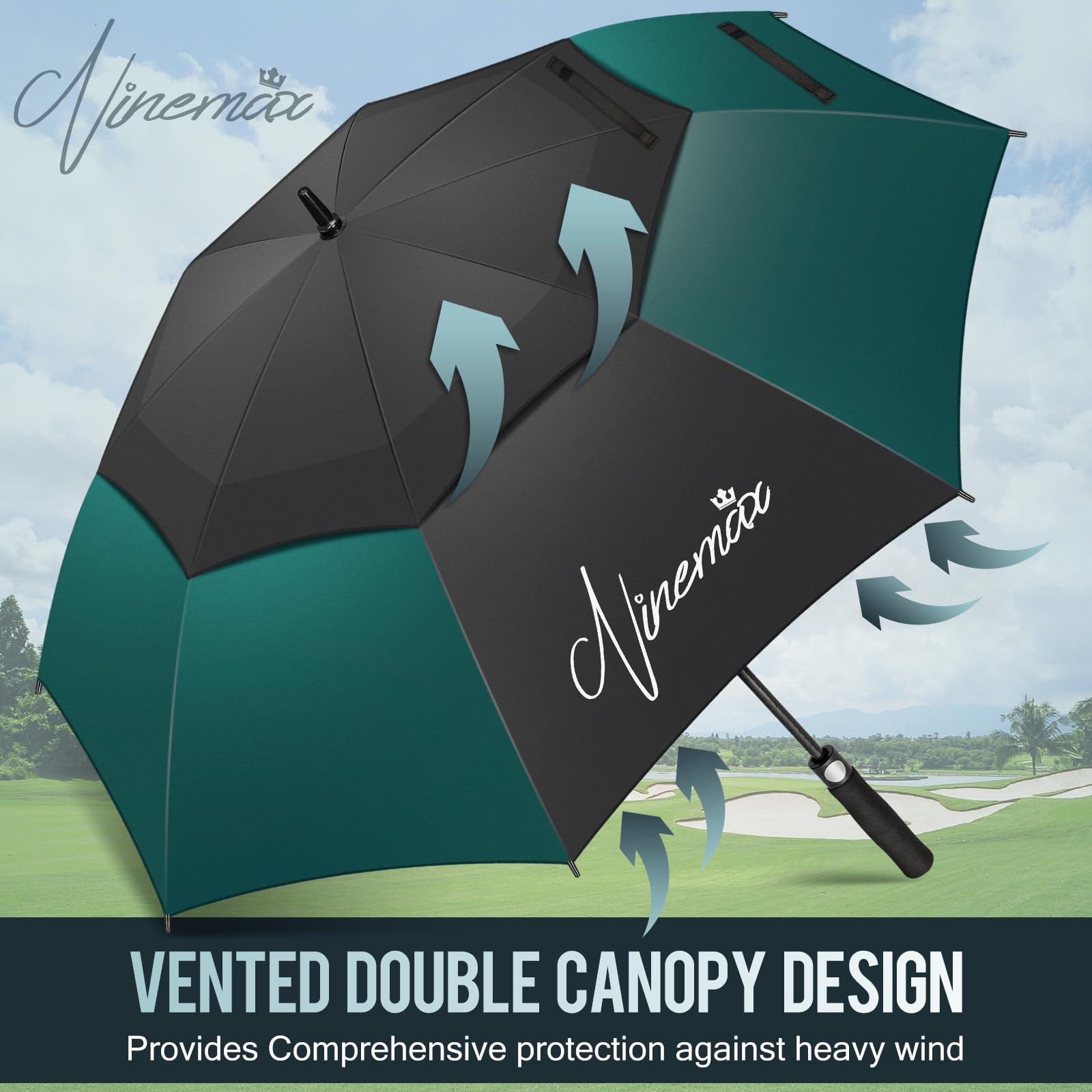 NINEMAX Wiatroodporny Parasol Golfowy 68 inch,Parasol Golfowy Długi Wiatroszczelny,Wodoszczelny,Podwójny Baldachim dla Mężczyzn i Kobiet(Czarny i Ciemnozielony)