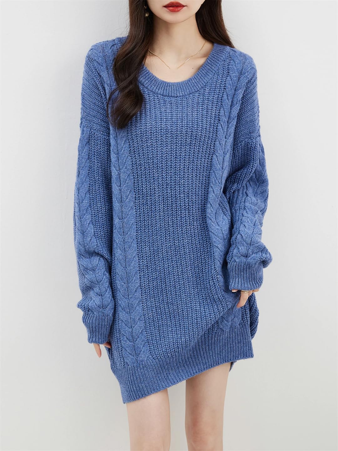 Disimlarl Damski sweter oversize, jesienno-zimowy, ciepły sweter z okrągłym dekoltem, długi rękaw, dzianinowy, długi sweter, wełniany sweter