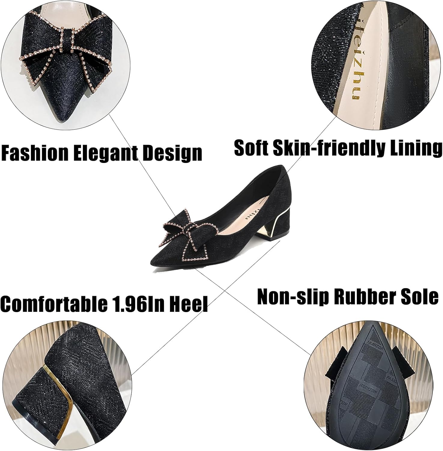 KCTRFSJ Women's Rhinestones Bowknot Chunky Heel Pumps Shoes,Fashion Closed Pointed Toe Low Block Heels,Comfortable Non-Slip Slip-on Dress Wedding Shoes - Image 4