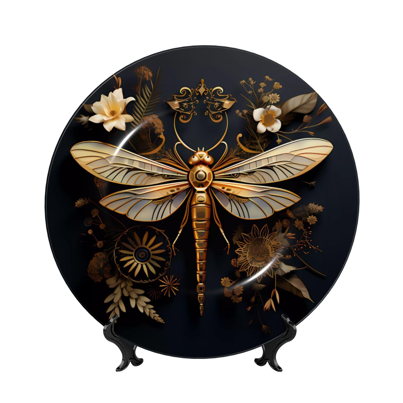 SXZVVBN Gold Exquisite Dragonfly Bone China Decorative Plate Art with Stand Removable Adhesive Hanging for Home Office 10in（25cm）