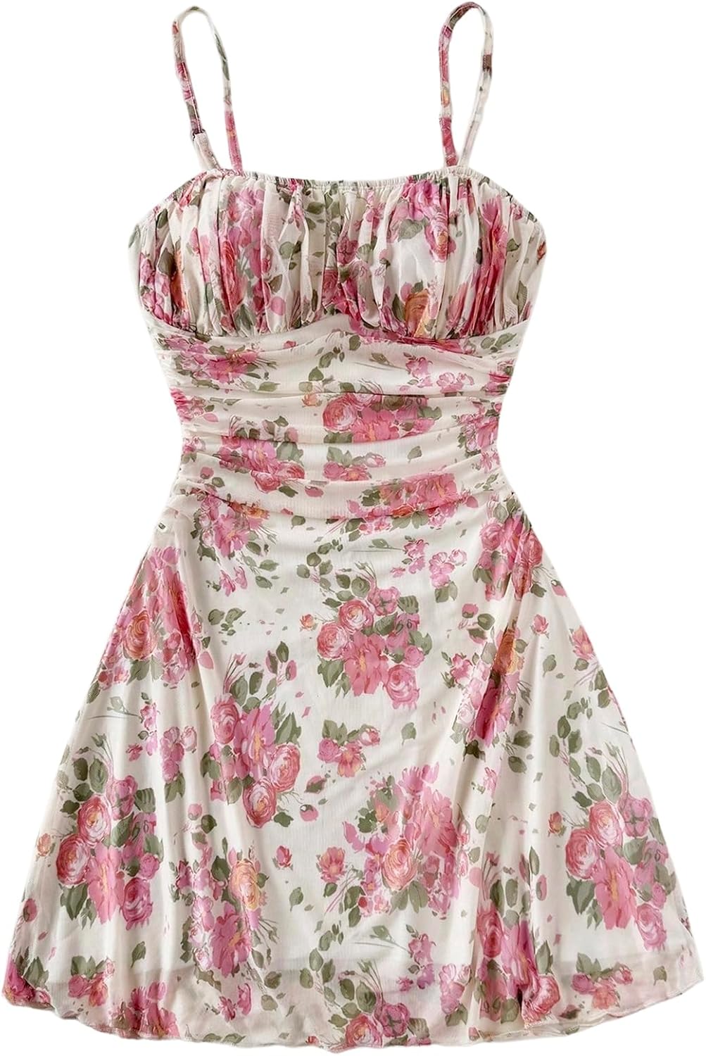 Large WDIRARA Womens Floral Print Ruched Cami Dress Spaghetti Strap Ruffle Hem Mesh Mini Dress Large Pink Multicolor