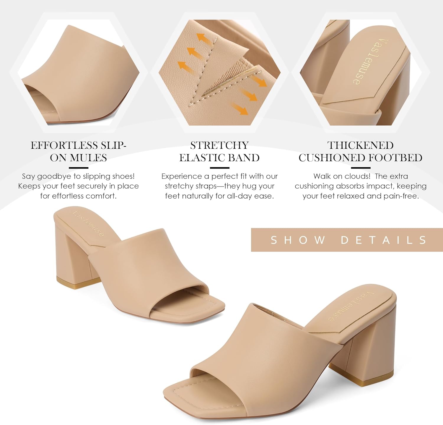 Vaslemuse Mule Heels For Women, Chunky Block Heeled Sandals, Square Open Toe Casual Comfort Slide Shoes - Image 6