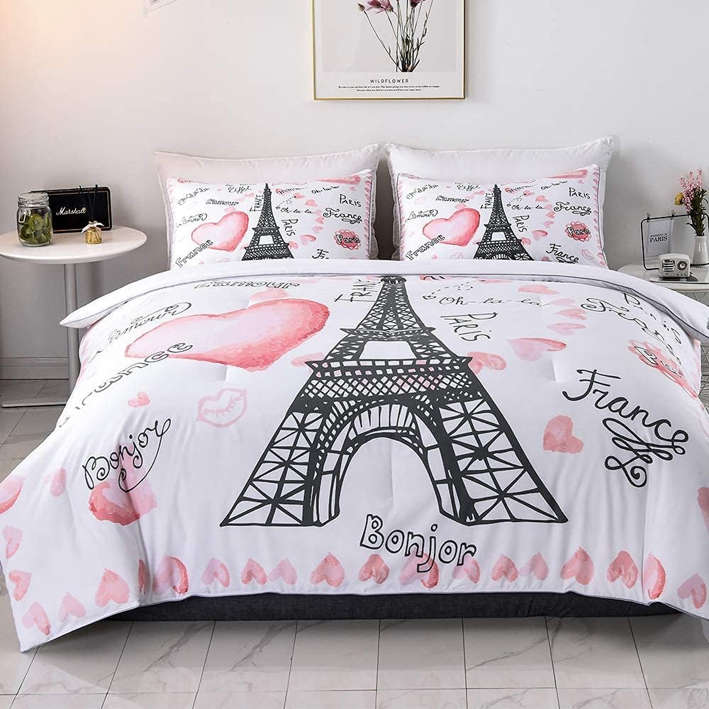 Queen Size The Eiffel Tower Comforter Sets 3 Pieces Paris Bedding Set for Kids Teens Girls Heart France Bedroom Decor