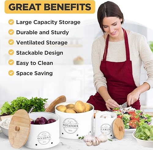 Miniatura 4 de Kito LIVING Juego de recipientes para encimera de cocina, 3 piezas de ajo, patata y cebolla, recipientes de cocina para organización de despensa y