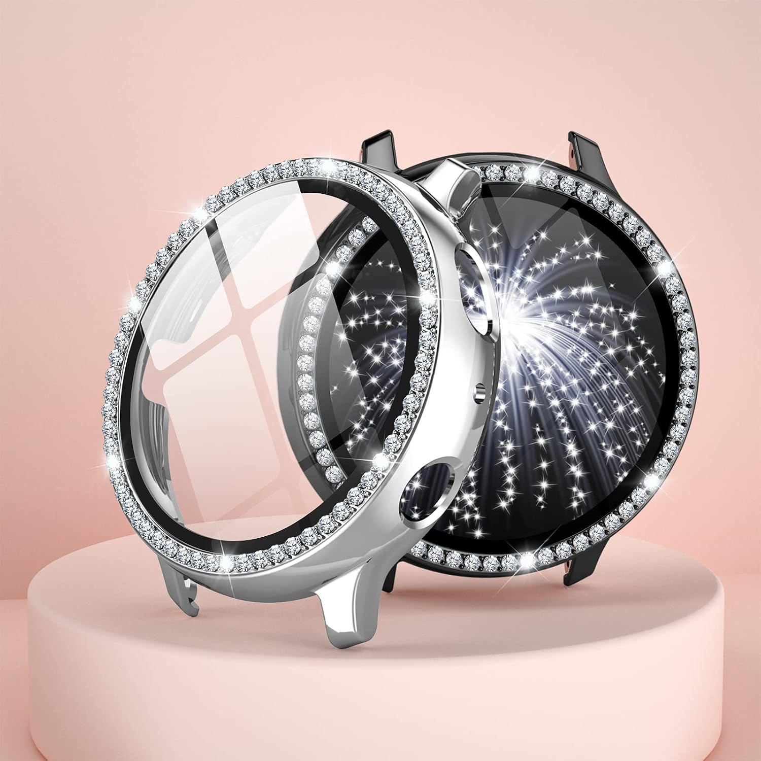 GEAK Diamond Protector Compatible with Samsung Galaxy Watch Active 2 40mm Case, Crystal Plated PC Bezel Bumper Shell with HD Screen Protector for Galaxy Active 2 Watch 40mm Diamond Case Black/Silver