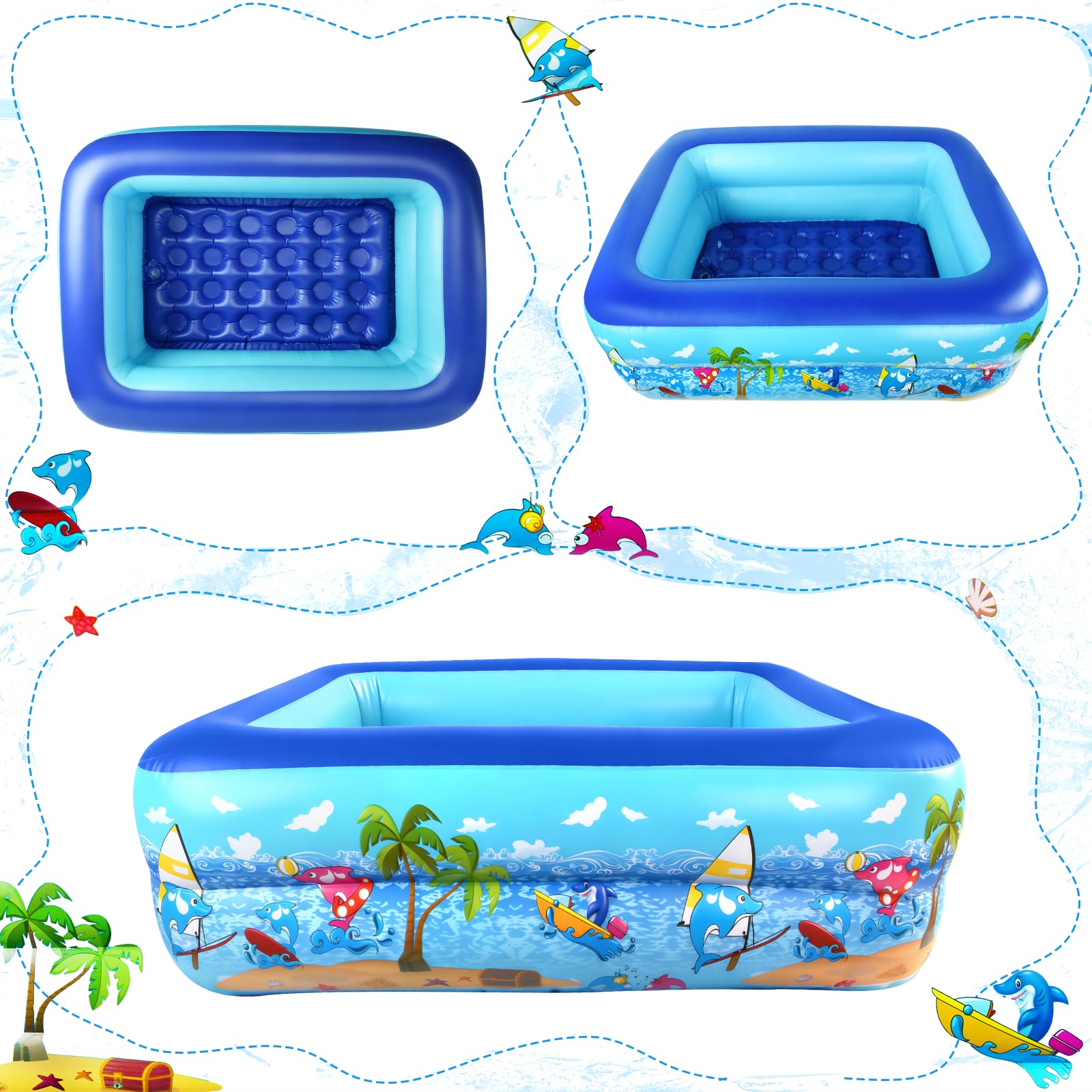 Planschbecken Rechteckig 120 x 87 x 35 cm Aufblasbares Planschbecken für Kinder Plantschbecken Verdickter 2 Ringe Mini Pool Kinderplanschbecken Sommer Aufblaspool für Balkon Garten Rasen