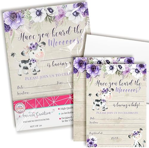 AmandaCreation - Invitaciones para baby shower con temática de vaca floral morado acuarela, 20 tarjetas de relleno de 5 x 7 pulgadas con veinte