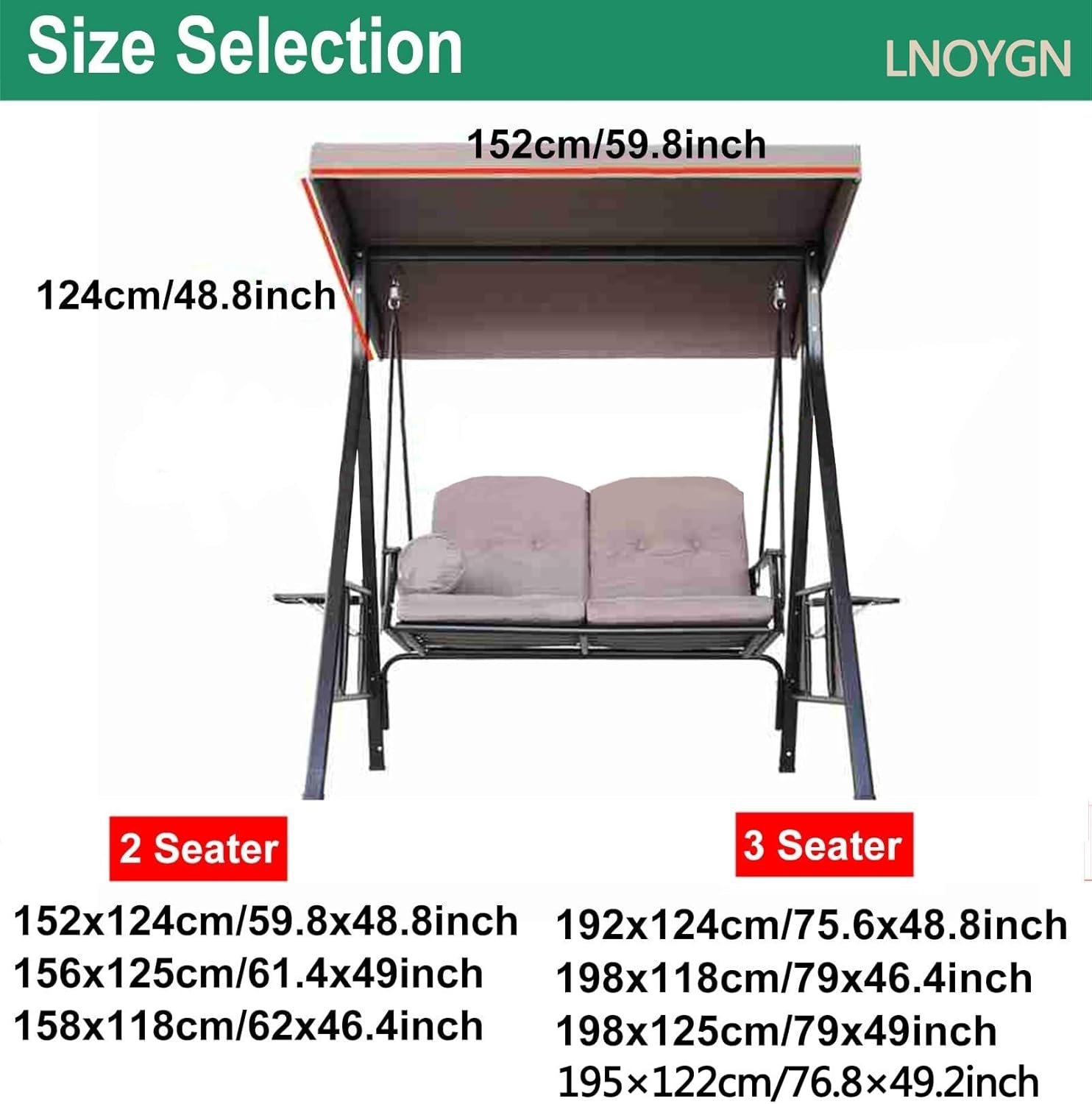 Outdoor Swing Canopy Replacement Cover, 600D Waterproof Sun Shade Porch Swing Canopy Replacement Top for 2-3 Seater Garden Yard Patio Swing Cover(2 Seater: 158x118cm/62x46.4in)