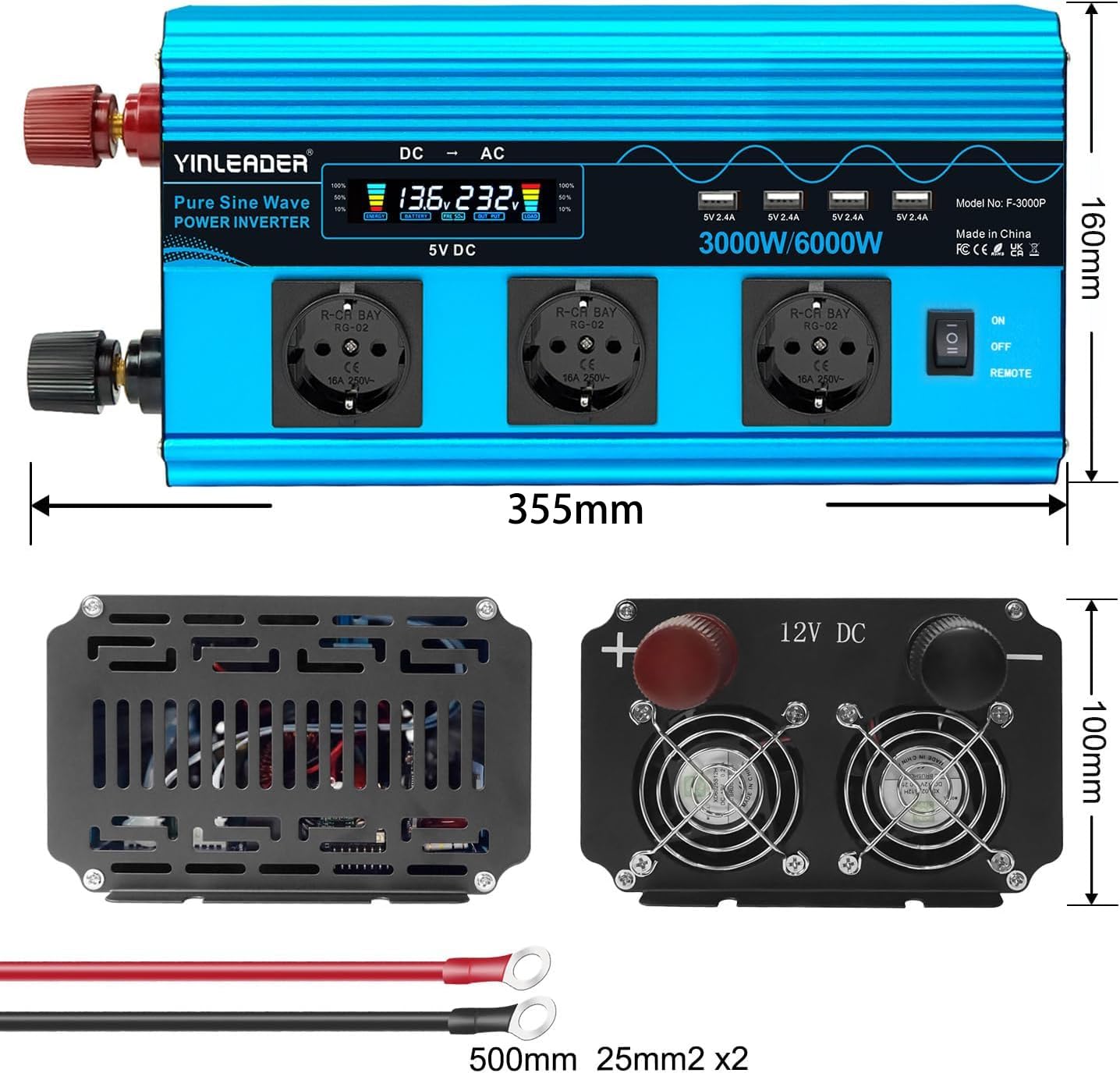 Yinleader Convertisseur 12v 220v Pur Sinus 3000W/6000W Onduleur Pur Sinus 3 européennes sockets et 4 Ports USB LCD Affichage de la Tension (avec télécommande)