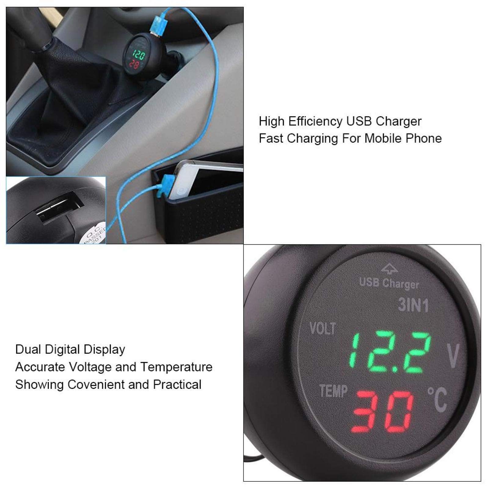 Testeur de moniteur de température de tension numérique KIMISS, camion de voiture 3 en 1 double affichage LED voltmètre thermomètre allume-cigare USB chargeur de voiture pour SUV (Vert + rouge)