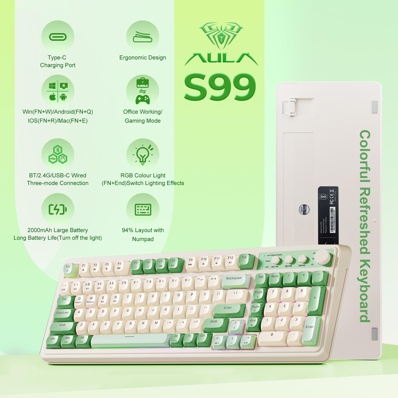 AULA S99 Gaming Keyboard, Wireless Computer Keyboards, Tri-Mode Bluetooth/2.4GHz/USB-C Custom Creamy Keyboard with Number Pad, RGB Backlit Media Knob Cute Programmable Keyboard for PC Gamer - Green - 1