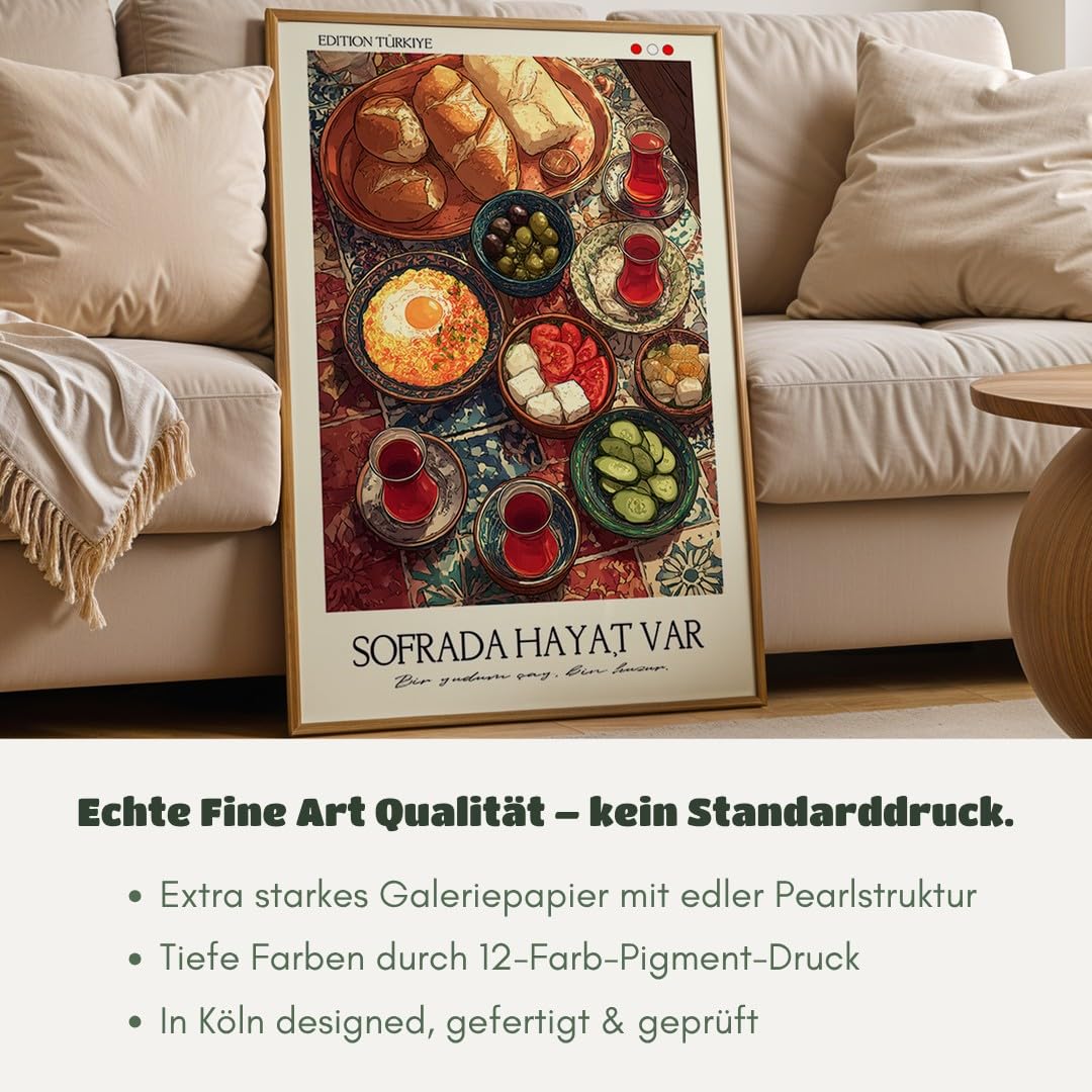MJ-GRAPHICS® Poster Frühstück Wandbild türkei Farbenfrohes Kunstdruck traditionell Deko lebendig Küche orientalischer Stil Bild Frühstückstisch maximiere Genuss A2 mit weißem Rahmen