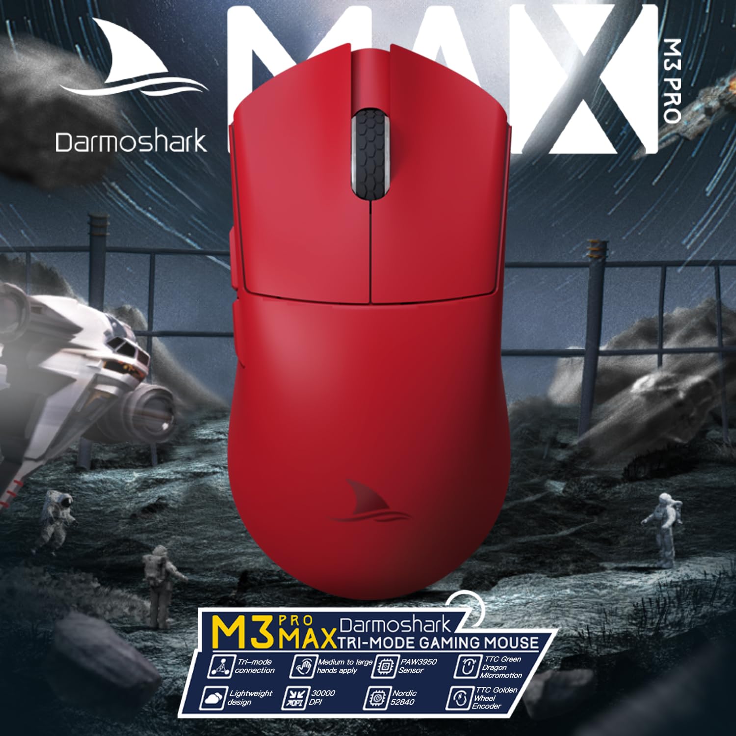 Darmoshark M3PROMAX PAW3950 - Mouse wireless da gioco, Tri-Mode 2,4 G/USB-C/Bluetooth fino a 30000 DPI, sensore ottico leggero 54 g, 7 pulsanti programmabili, mouse per computer portatile, PC, Linux,