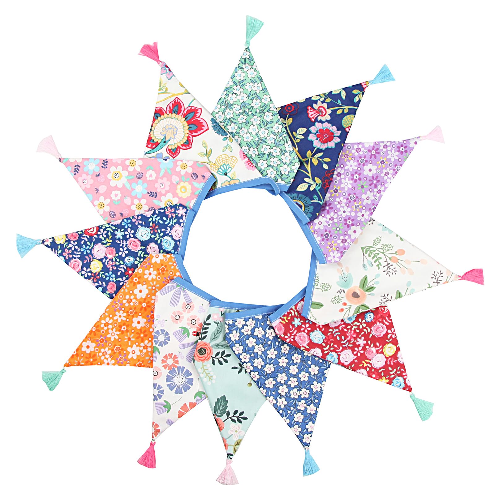 G2PLUS - Banderines triangulares de algodón de 10 x 8 pies, 12 unidades, multicolor, con borlas, de doble cara, para bodas, cumpleaños, jardines, baby showers