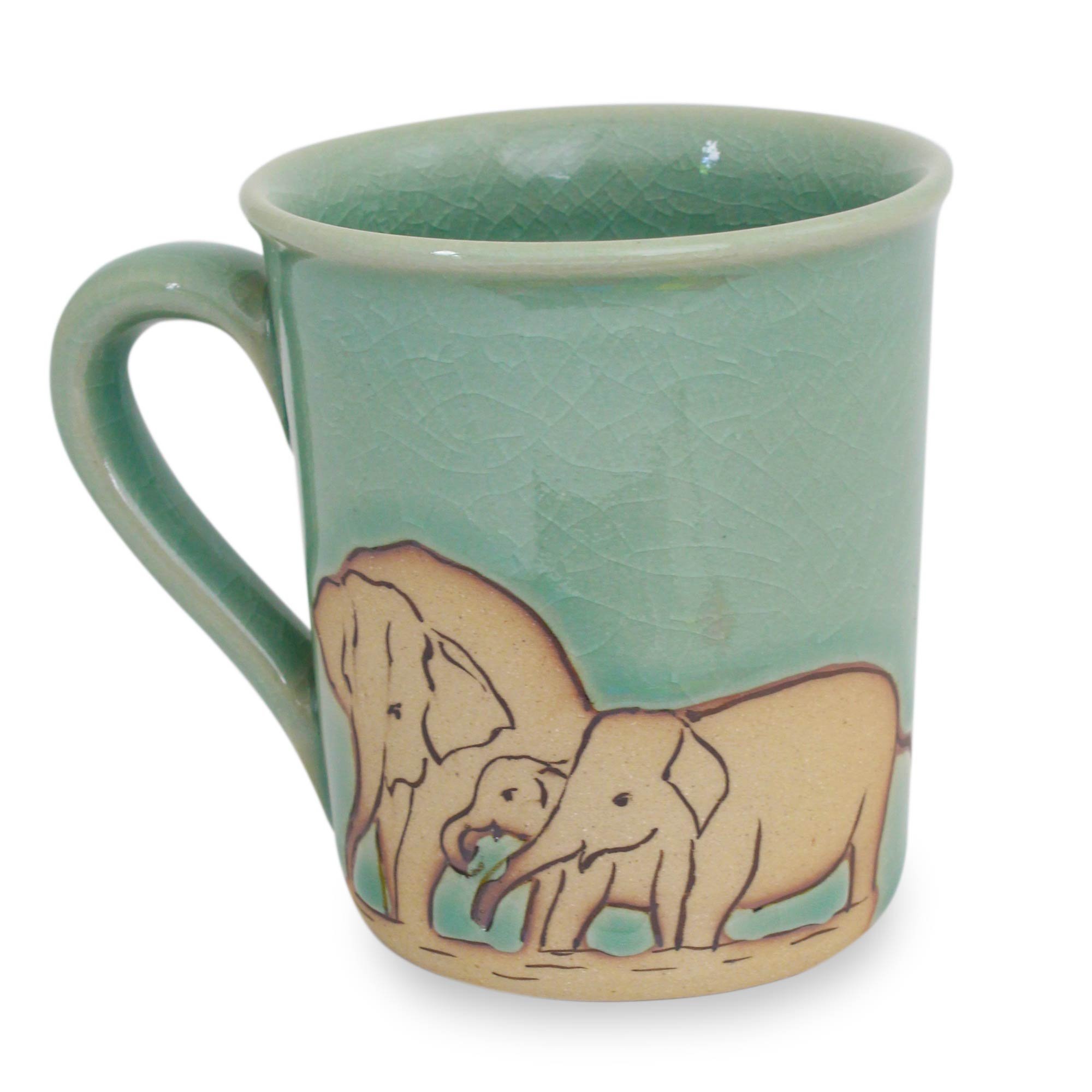 Novica Handmade Playful Elephants Celadon Ceramic Mug - View #3