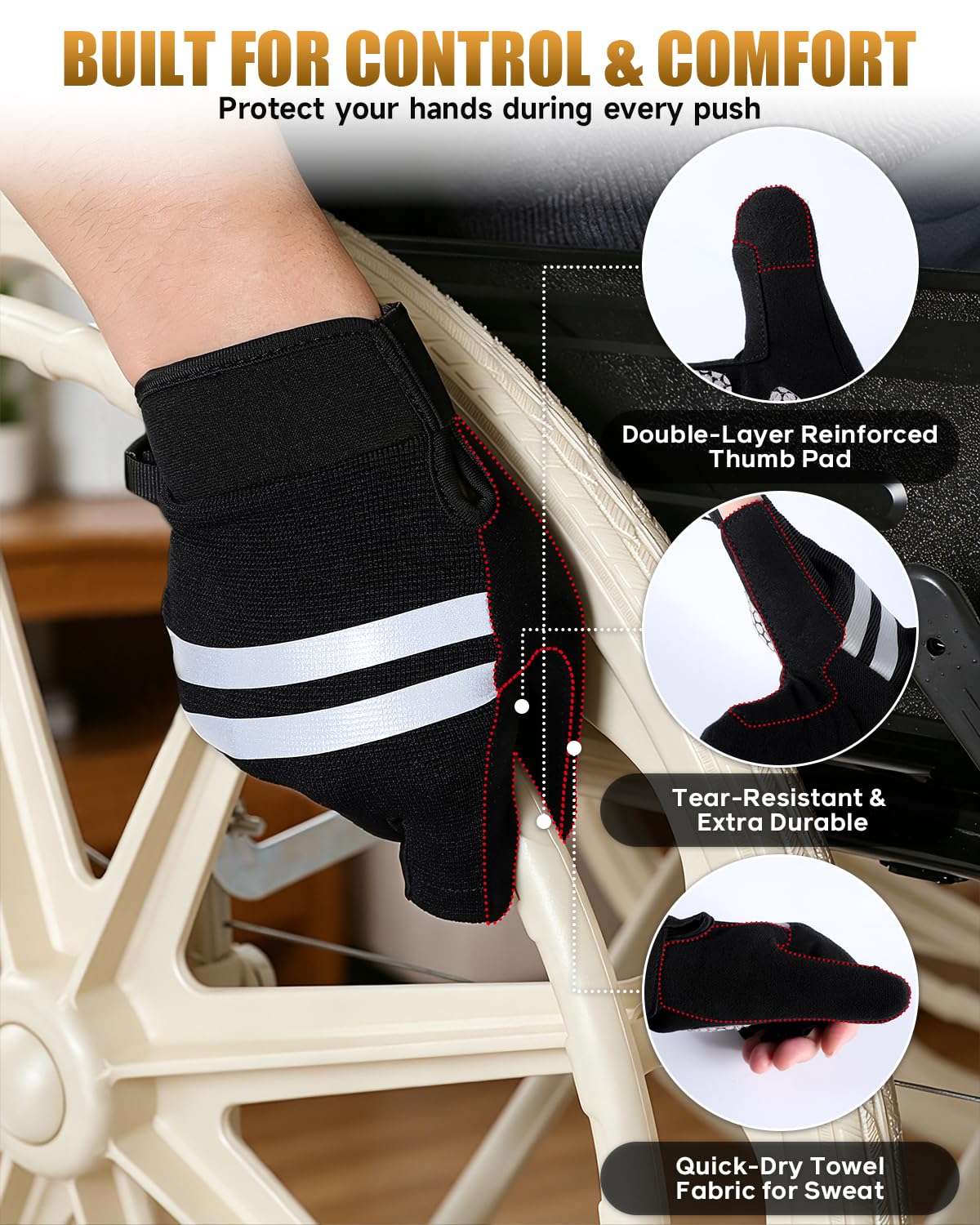 Guantes acolchados de gel de medio dedo para silla de ruedas (negro, L)