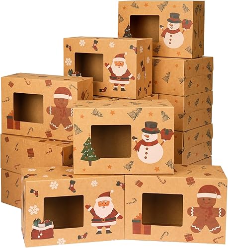 Moretoes 18 cajas de panadería de Navidad de 8.3 x 5.9 x 3.7 pulgadas, cajas de galletas de Navidad con ventana, cajas de papel kraft marrón para