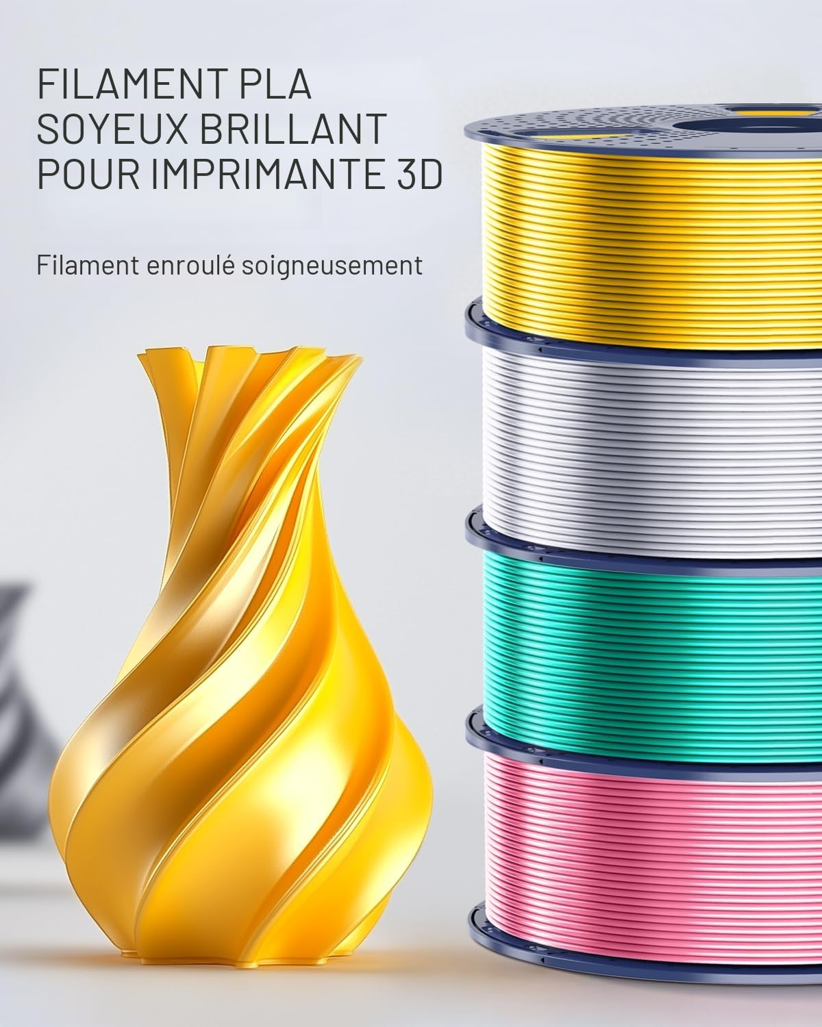 SUNLU PLA+ Silk Filament, Brillante Filament 3D en soie Métallique, Filament d'imprimante 3D PLA PLUS haute résistance, Bobine de 1KG, Or clair