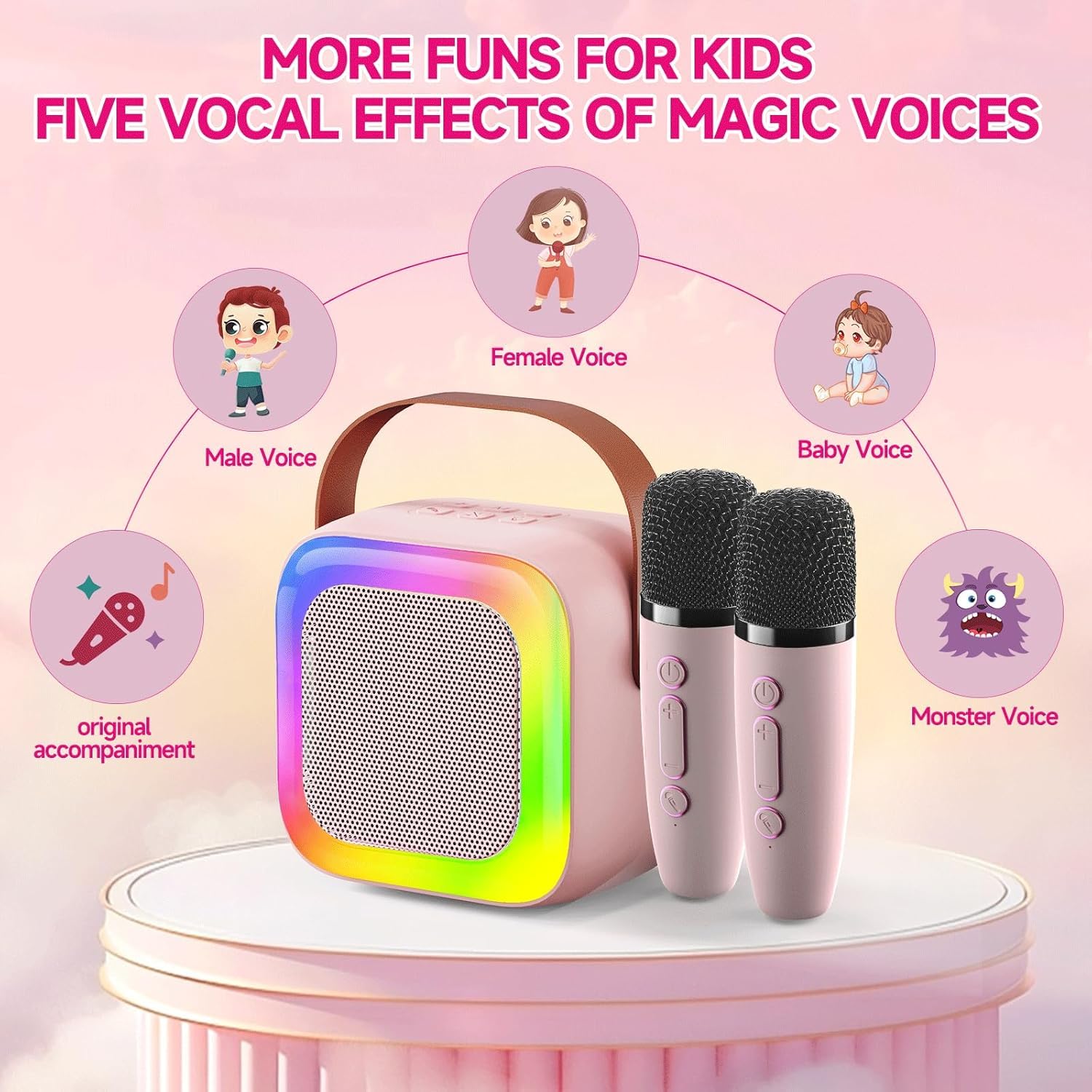 Mini macchina per karaoke per bambini, adolescenti, adulti, con 2 microfoni wireless e luci LED, giocattoli per feste, casa, regali per 4 5 6 7 8 9 10 11 12+ anni ragazze ragazzi